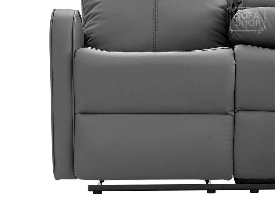 3 Seater Recliner Sofa in Grey Leather with Drop-Down Table & Cup Holders - Parma