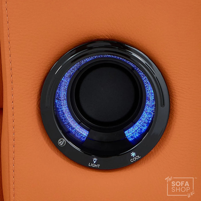 2 Seater Cinema Sofa in Orange Real Leather | Luxury Theatre & Home Cinema Seating | Electric Recliner With Cooling Cup Holders + Lumbar Support | USB Charging + LED Lights | Assisi