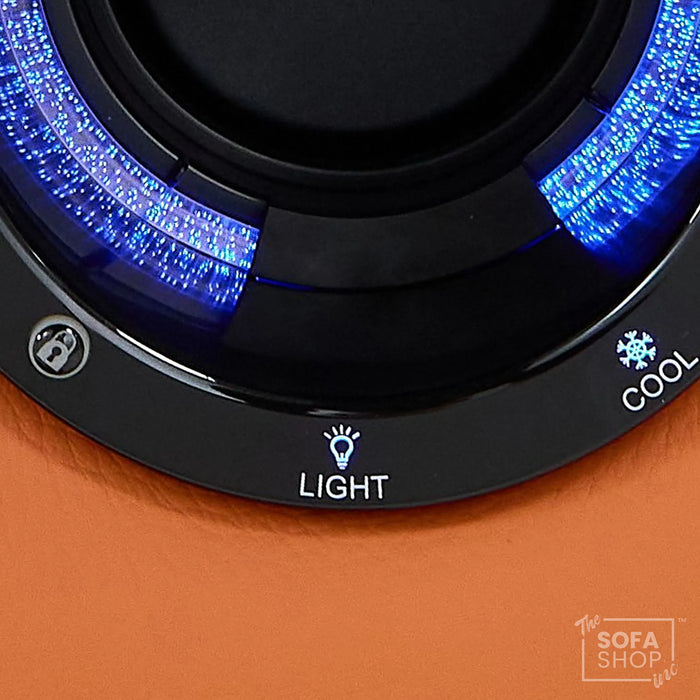 2 Seater Cinema Sofa in Orange Real Leather | Luxury Theatre & Home Cinema Seating | Electric Recliner With Cooling Cup Holders + Lumbar Support | USB Charging + LED Lights | Assisi