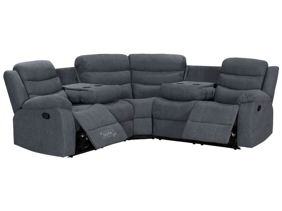 Recliner Corner Sofa in Dark Grey Fabric with Drop Down Tables & Cup Holders - Sorrento