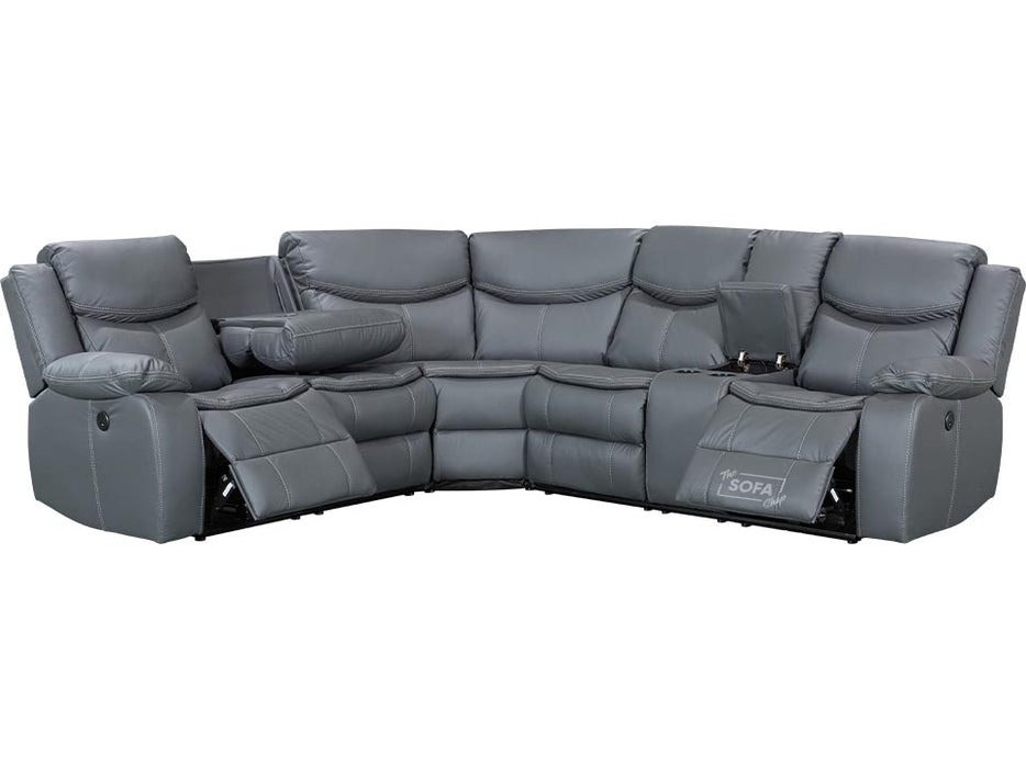 Electric Recliner Corner Sofa and Chair Set in Grey Leather with Console, Cup Holders & Wireless Charger - Highgate