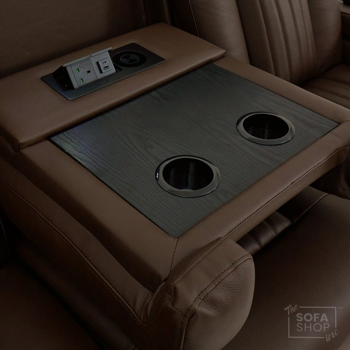 Dark Brown Real Leather 3 Seater Cinema Sofa | Electric Recliner Couch with Massage, Heat, Fold-Down Table & Wireless Charger | Capri | The Sofa Shop