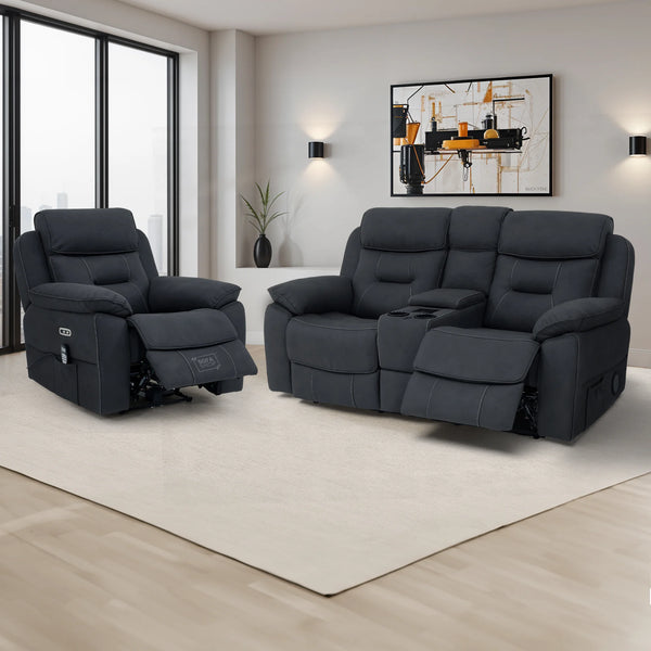 2+1 Electric Recliner Sofa Set in Charcoal Grey Fabric | 2 Piece Cinema Sofa Set | Massage, Heating, Storage, Power Headrest & Cup Holders | Florence