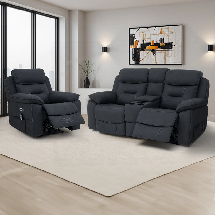2+1 Electric Recliner Sofa Set in Charcoal Grey Fabric | 2 Piece Cinema Sofa Set | Massage, Heating, Storage, Power Headrest & Cup Holders | Florence