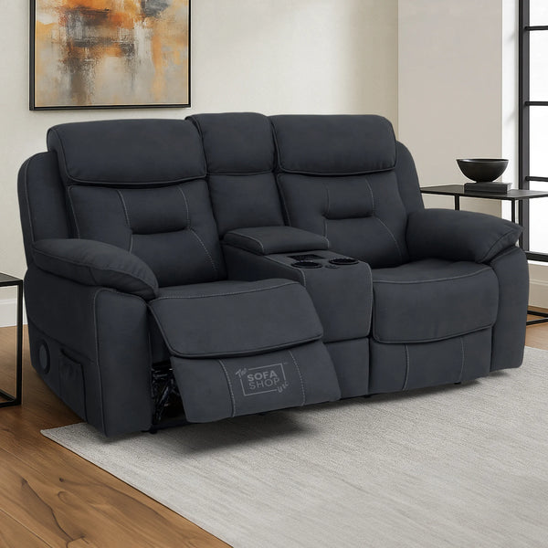 2 Seat Electric Recliner Home Cinema Sofa | Fabric Couch In Charcoal Grey | Hi-Tech Sofa with Massage + Chilled Cupholders + Console + USB | Florence