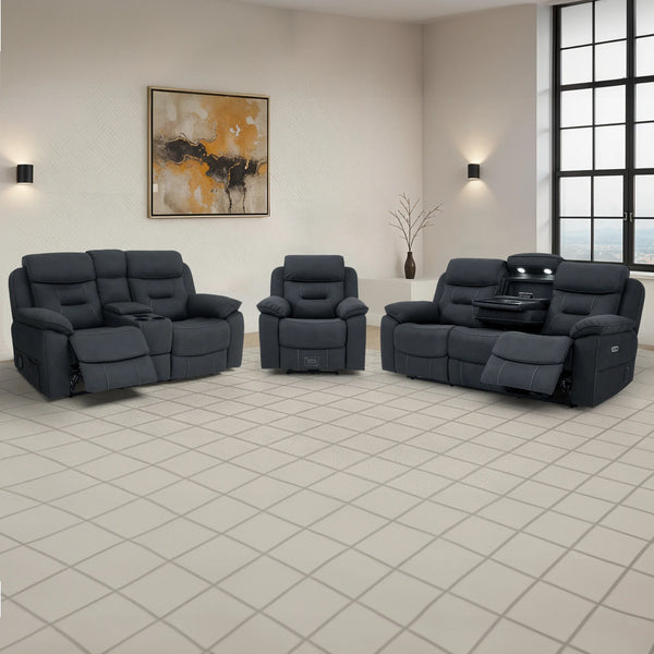 3+2+1 Piece Electric Home Cinema Sofa Set | Fabric Couch Suite Package In Charcoal Grey | Hi-Tech Sofa Set with Power Sockets + Massage + Heating + Speakers | Florence