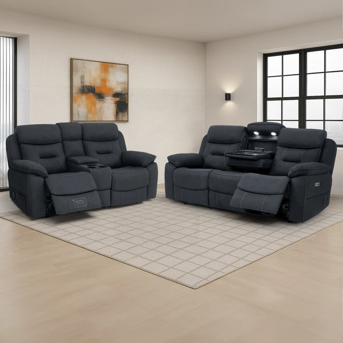 3+2 Piece Electric Home Cinema Sofa Set | Fabric Couch Suite In Charcoal Grey | Hi-Tech Sofa Set With Massage + Console + Table + Reading Lamps | Florence