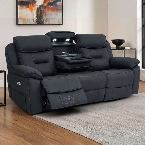 3 Seat Electric Recliner Home Cinema Sofa | Fabric Couch In Charcoal Grey | Hi-Tech Sofa with Massage + Cupholders + Table + Power Headrests + Speakers | Florence