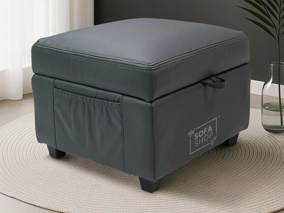 Grey Leather Storage Footstool - Ravenna