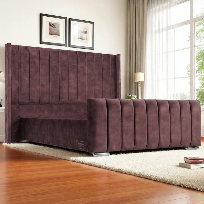 Burgundy Velvet Wingback Bed Frame | Two Ripped Corners on Footboard Upholstery | Ex Display Bed Frame