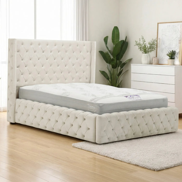 Cream Wingback Chesterfield Storage Ottoman Bed Frame (No Mattress) with Gas-Lift Mechanism | Ex Display Bed Frame in Like-New Condition