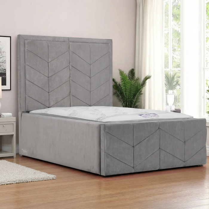 Luxurious Grey Velvet Rectangle Bed Frame (No Mattress) | Ex Display Bed Frame in Like-New Condition