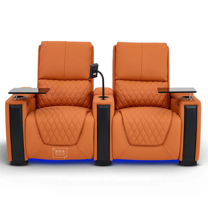 2 Seater Cinema Sofa in Orange Real Leather | Luxury Theatre & Home Cinema Seating | Electric Recliner With Cooling Cup Holders + Lumbar Support | USB Charging + LED Lights | Assisi