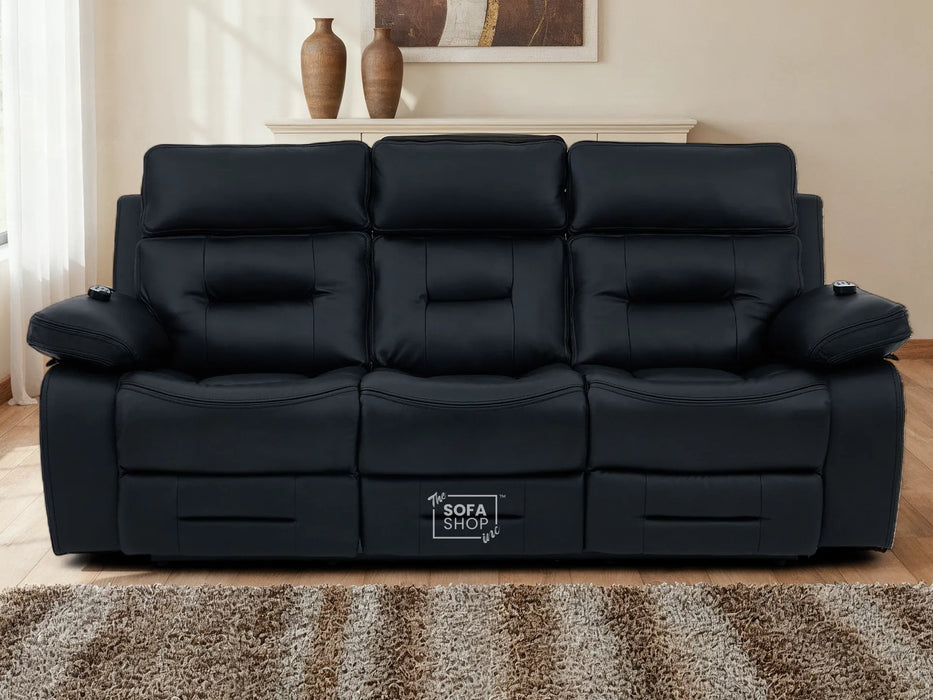 3+2 Electric Recliner Sofa Set in Black Real Leather | Hi-Tech Cinema Package with Massage, Drop-Down Table, Power Headrest, Power Recliner, Storage Drawer, USB & Wireless Charging | Sicily