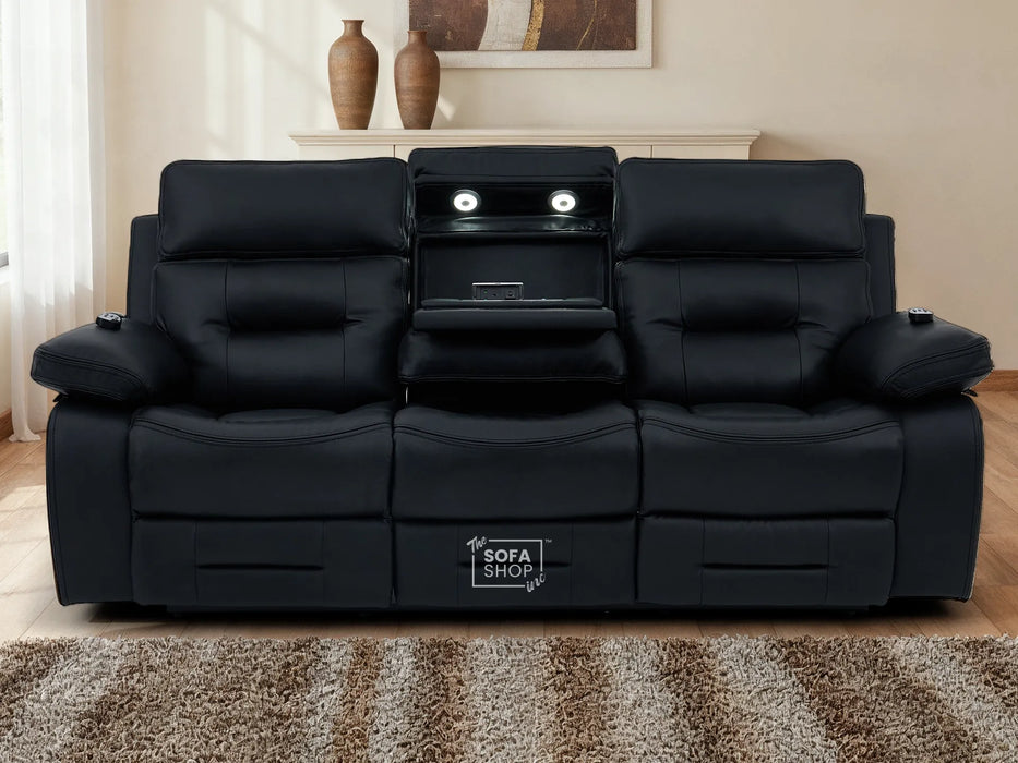 3+2 Electric Recliner Sofa Set in Black Real Leather | Hi-Tech Cinema Package with Massage, Drop-Down Table, Power Headrest, Power Recliner, Storage Drawer, USB & Wireless Charging | Sicily