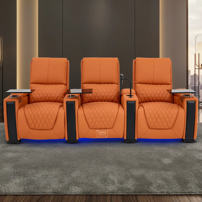 3 Seater Cinema Sofa in Orange Real Leather | Luxury Theatre & Home Cinema Seating | Electric Recliner With USB Charging + Cupholders & Power Headrests | LED Lighting & Hidden Storage | Assisi