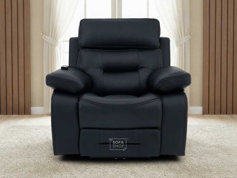 2+1 Electric Recliner Sofa Set inc. Chair in Black Real Leather with Massage, Storage & Power Headrest & Cup Holders - 2 Piece Cinema Sofa Set - Sicily