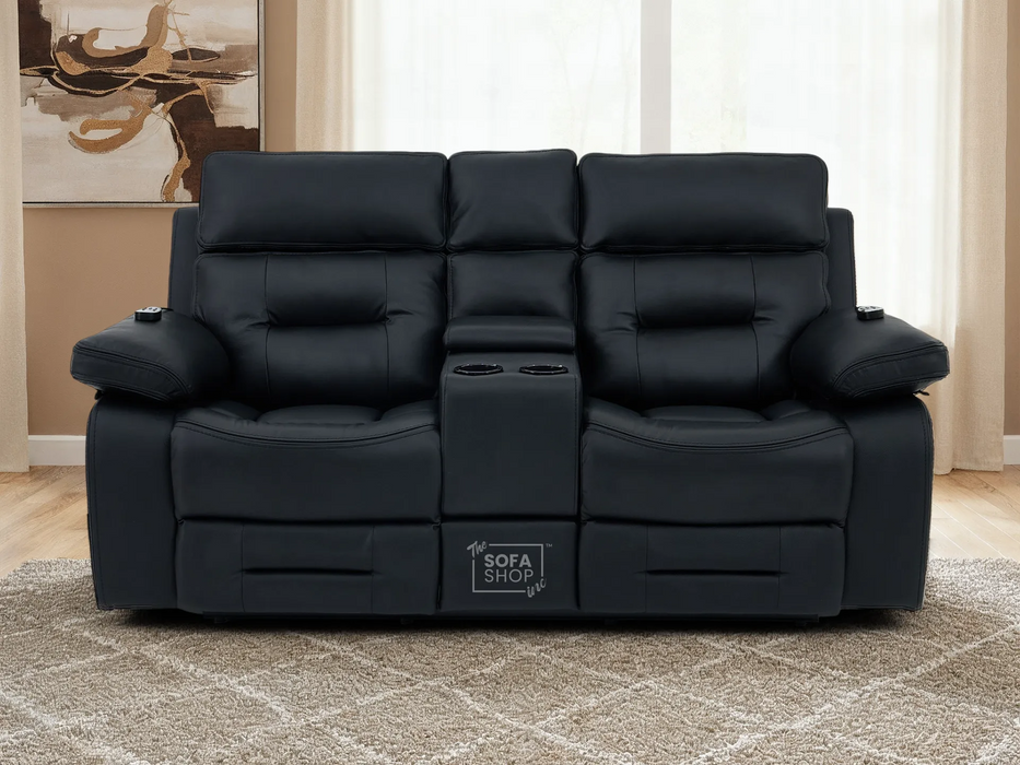 3+2 Electric Recliner Sofa Set in Black Real Leather | Hi-Tech Cinema Package with Massage, Drop-Down Table, Power Headrest, Power Recliner, Storage Drawer, USB & Wireless Charging | Sicily