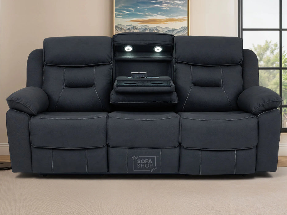 3 Seat Electric Recliner Home Cinema Sofa | Fabric Couch In Charcoal Grey | Hi-Tech Sofa with Massage + Cupholders + Table + Power Headrests + Speakers | Florence