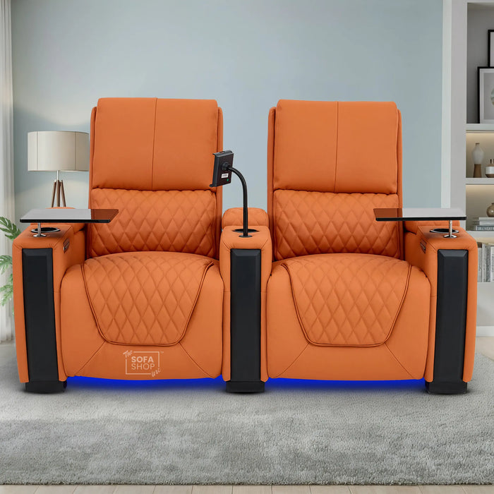 2 Seater Cinema Sofa in Orange Real Leather | Luxury Theatre & Home Cinema Seating | Electric Recliner With Cooling Cup Holders + Lumbar Support | USB Charging + LED Lights | Assisi