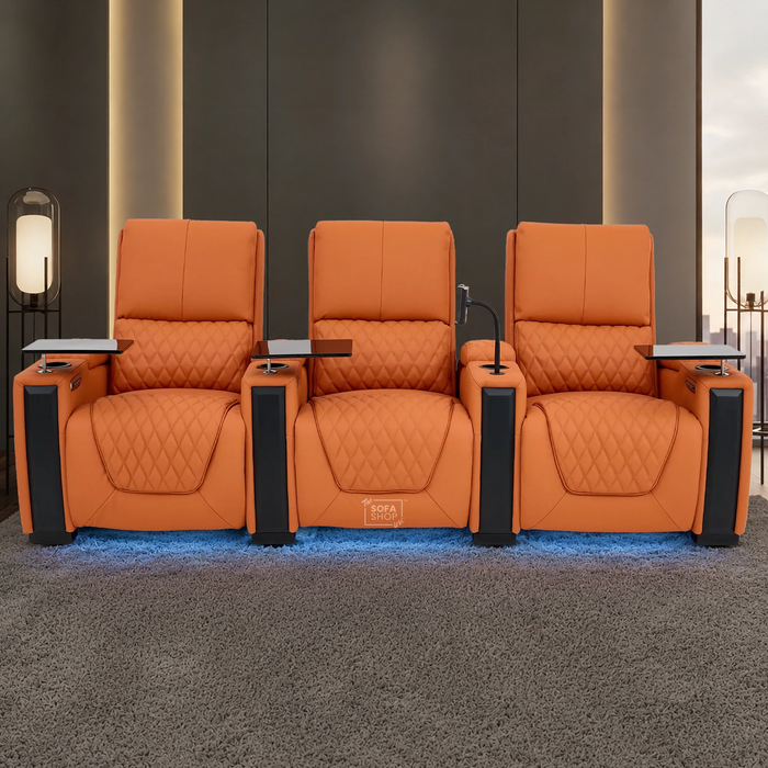 3 Seater Cinema Sofa in Orange Real Leather | Luxury Theatre & Home Cinema Seating | Electric Recliner With USB Charging + Cupholders & Power Headrests | LED Lighting & Hidden Storage | Assisi