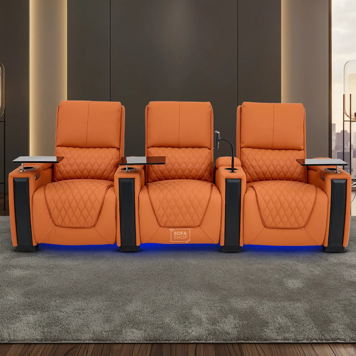 3 Seater Cinema Sofa in Orange Real Leather | Luxury Theatre & Home Cinema Seating | Electric Recliner With USB Charging + Cupholders & Power Headrests | LED Lighting & Hidden Storage | Assisi