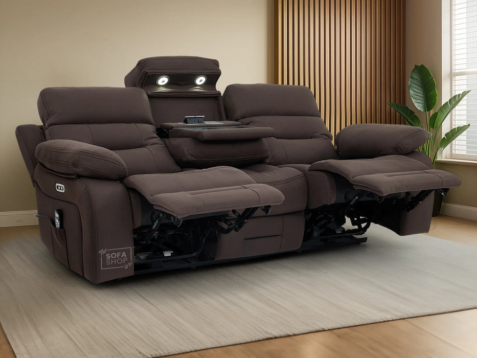 3+2 Electric Recliner Sofa Set in Brown Resillience Fabric | Hi-Tech Cinema Package with Massage, Drop-Down Table, Power Headrest, Power Recliner, Storage Drawer, USB & Wireless Charging | Sicily