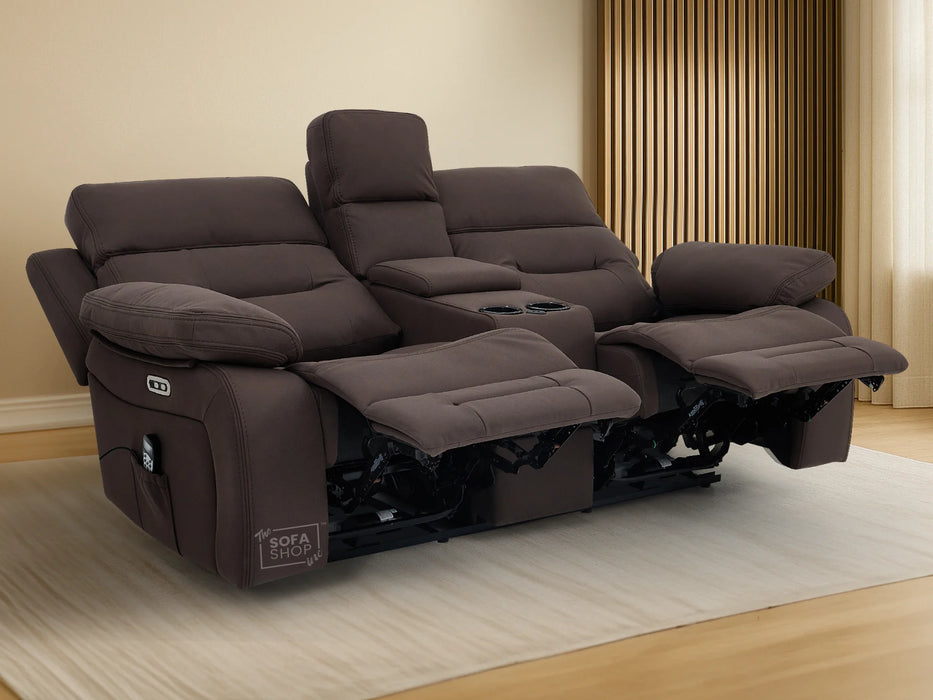 3+2 Electric Recliner Sofa Set in Brown Resillience Fabric | Hi-Tech Cinema Package with Massage, Drop-Down Table, Power Headrest, Power Recliner, Storage Drawer, USB & Wireless Charging | Sicily