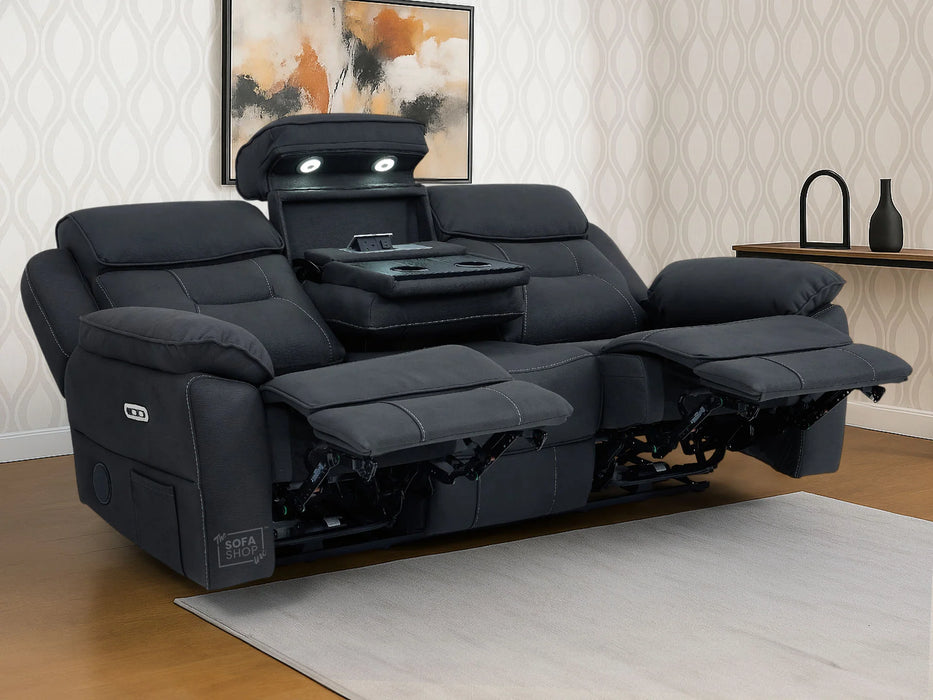 3 Seat Electric Recliner Home Cinema Sofa | Fabric Couch In Charcoal Grey | Hi-Tech Sofa with Massage + Cupholders + Table + Power Headrests + Speakers | Florence