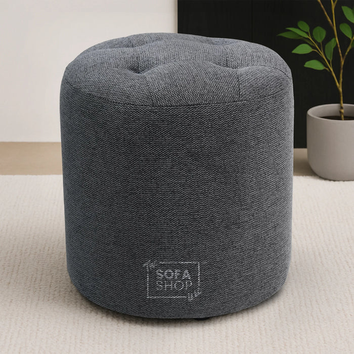 Big Round Footstool in Grey Tweed Fabric - Tropea