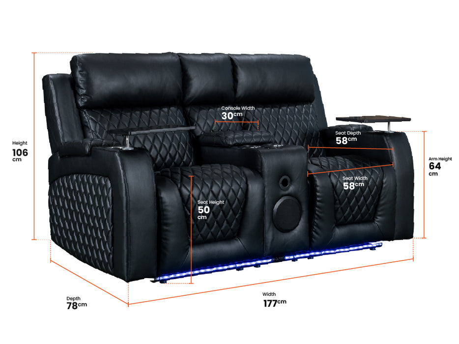 2 1 1 Electric Recliner Sofa Set inc. Cinema Seats in Black Leather. 3 Piece Cinema Sofa with LED Cup Holders, Storage, Speaker - Venice Series One