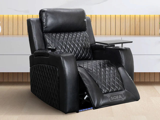 Electric Recliner Chair Cinema Seat in Black Leather with USB Massage and Chilled Cup Holders Venice Series One