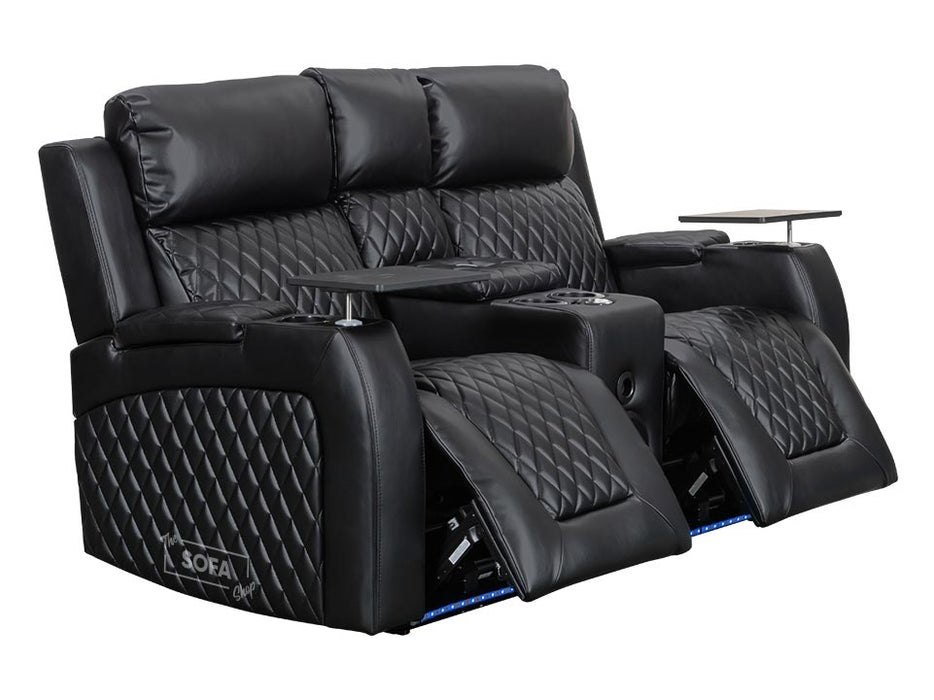 2 1 1 Electric Recliner Sofa Set inc. Cinema Seats in Black Leather. 3 Piece Cinema Sofa with LED Cup Holders, Storage, Speaker - Venice Series One