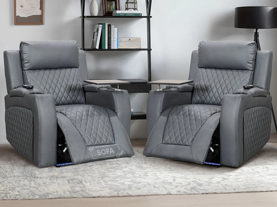 2 Recliner Cinema Chairs. 1+1 Set of Sofa Chairs in Grey Leather - Venice Series One