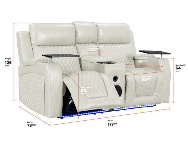 2 Seater Smart Electric Recliner Hi-Tech Cinema Sofa in Cream Leather with USB Ports, Cup Holders, Speakers & Massage - Venice Series One
