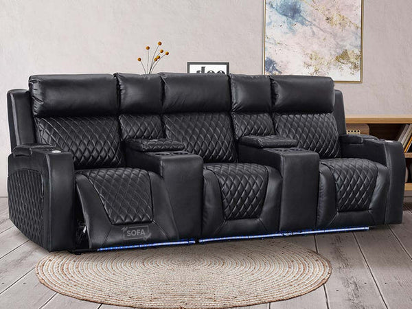 3 Seater Electric Recliner Sofa & Cinema Seats Smart Cinema Sofa With Power, Massage & Console in Black Leather Aire - Venice Series One