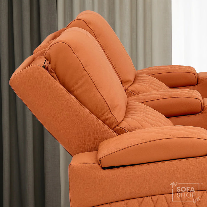 2 Seater Cinema Sofa in Orange Real Leather | Luxury Theatre & Home Cinema Seating | Electric Recliner With Cooling Cup Holders + Lumbar Support | USB Charging + LED Lights | Assisi