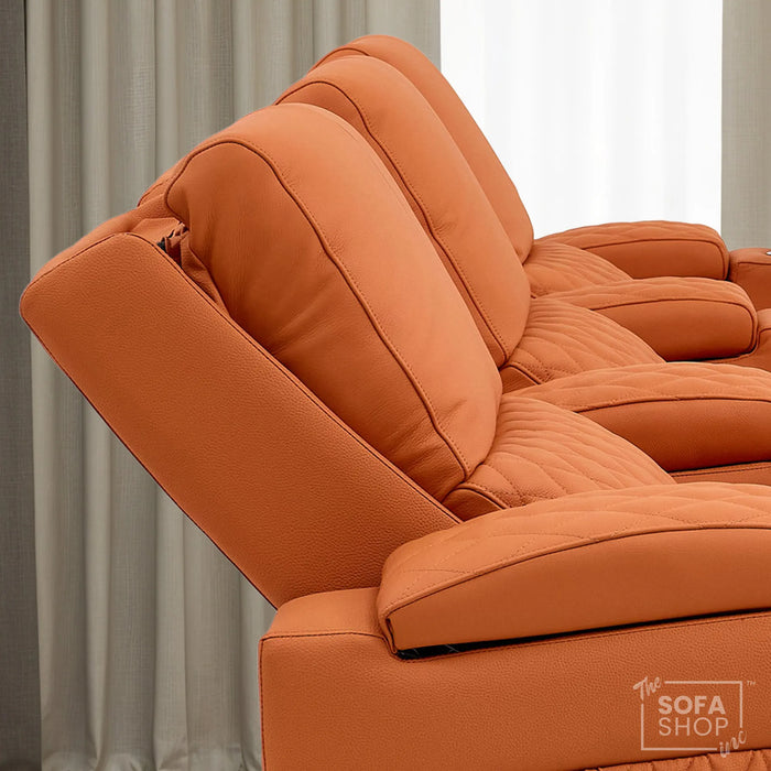 3 Seater Cinema Sofa in Orange Real Leather | Luxury Theatre & Home Cinema Seating | Electric Recliner With USB Charging + Cupholders & Power Headrests | LED Lighting & Hidden Storage | Assisi