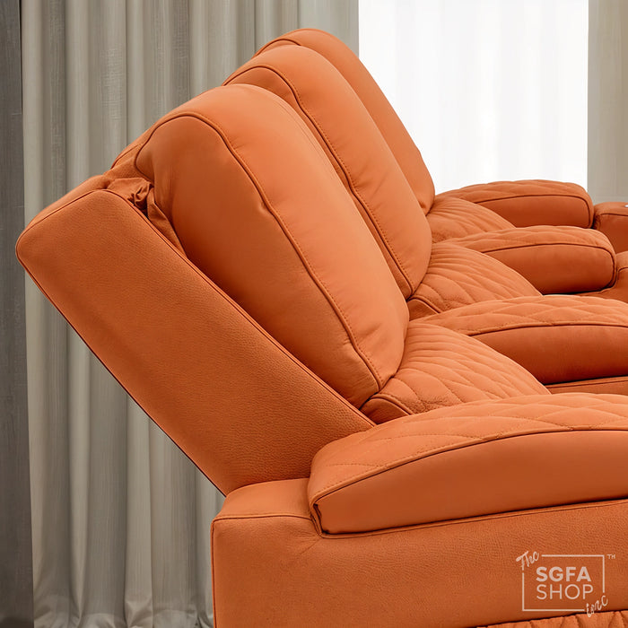 3 Seater Cinema Sofa in Orange Real Leather | Luxury Theatre & Home Cinema Seating | Electric Recliner With USB Charging + Cupholders & Power Headrests | LED Lighting & Hidden Storage | Assisi