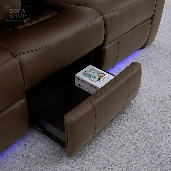 Dark Brown Real Leather 3 Seater Cinema Sofa | Electric Recliner Couch with Massage, Heat, Fold-Down Table & Wireless Charger | Capri | The Sofa Shop