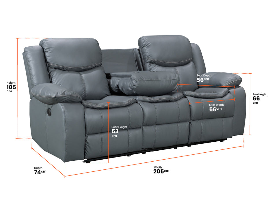 3 2 1 Electric Recliner Sofa Set. 3 Piece Recliner Sofa Package Suite in Grey Leather With USB Ports & Drink Holders & Storage Boxes- Highgate