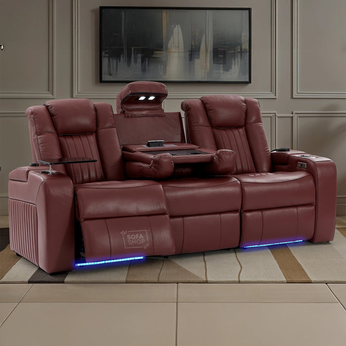 3 Seat Real Leather Electric Recliner Home Cinema Theatre Sofa In Red with One-Touch Reclining Function + Massage + Table + LED Lighting | Capri | Sofa Shop