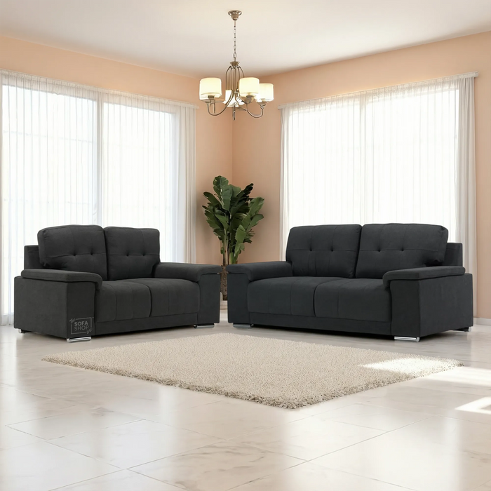 3+2 Sofa Set in Dark Grey Fabric | 2 Piece Sofa Suite with Chrome Feet | Texas | (Samples 55 & 58) | The Sofa Shop