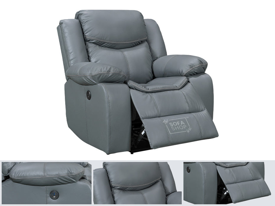 2+1 Electric Recliner Sofa Set inc. Chair in Grey Leather with USB Ports & Console & Wireless Charger - 2 Piece Highgate Power Sofa Set