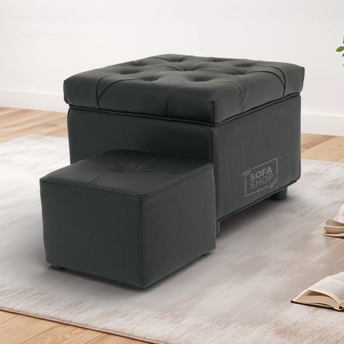 Black Real Leather Footstool | Storage Ottoman for Sofa - Square