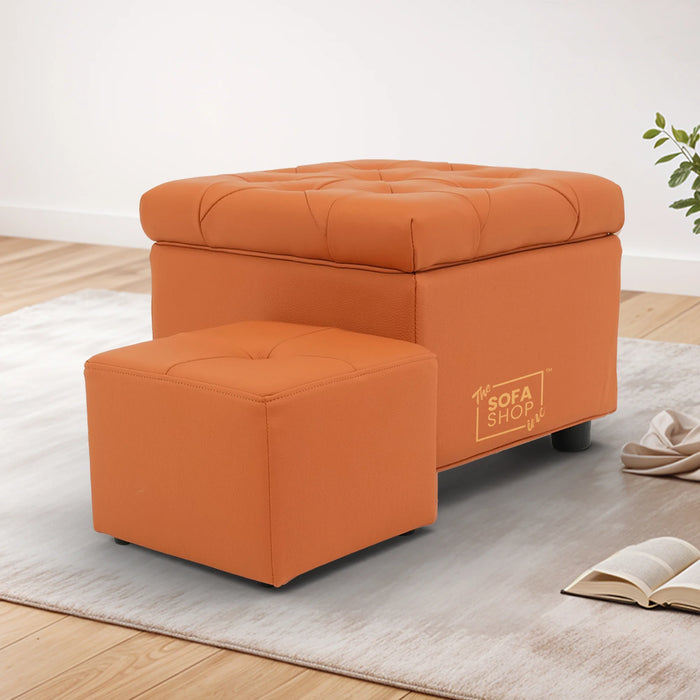 Orange Real Leather Footstool | Storage Ottoman for Sofa - Square