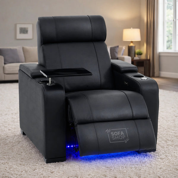1 Seat Real Leather Electric Recliner Chair Home Cinema Sofa In Black With Chilled Cupholders + Storage + USB + LED Lights | Rimini Series One