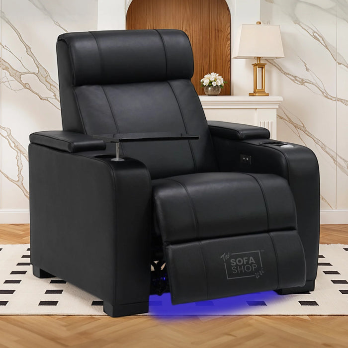 1 Seat Real Leather Electric Recliner Chair Home Cinema Sofa In Black with Massage, Cup Holders + Storage + USB + LED Lights | Rimini