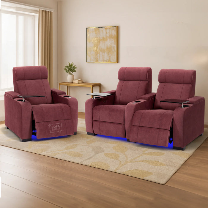 2+1 Sofa Set. Electric Recliner Cinema Suite in Velvet Purple Fabric | 2 Piece Sofa Set with Massage, USB Ports, Cooling Cup Holders, Storage Box & LED Lights | Rimini | The Sofa Shop