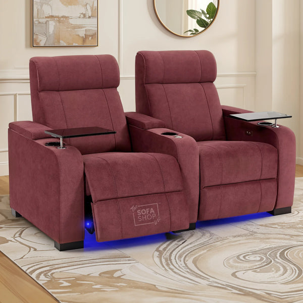 2 Seater Reclining Sofa with Electric Reclining, Massage, USB Ports, Cup Holders, Storage Boxes & LED Lights | Purple Velvet Sofa | Rimini | The Sofa Shop